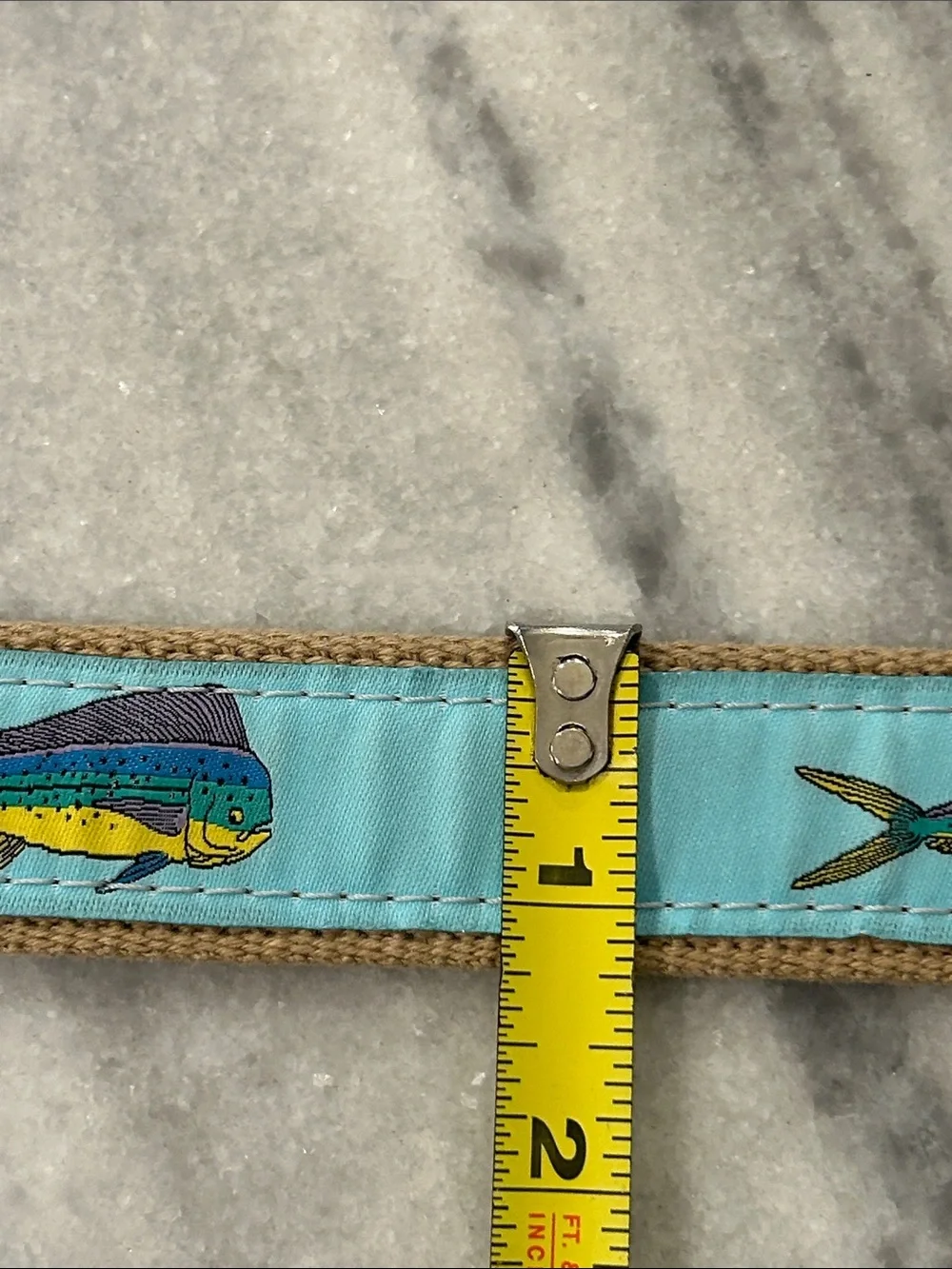 Leather and Canvas Mahi Mahi Embroidered Belt sz 38 Aqua Blue